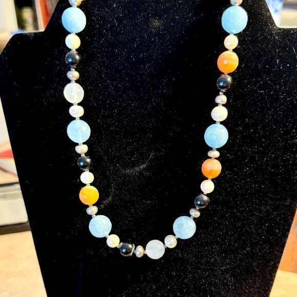 Genuine semi-precious beads & pearl silver necklace 18 inch handmade in Italy - Picture 2 of 8